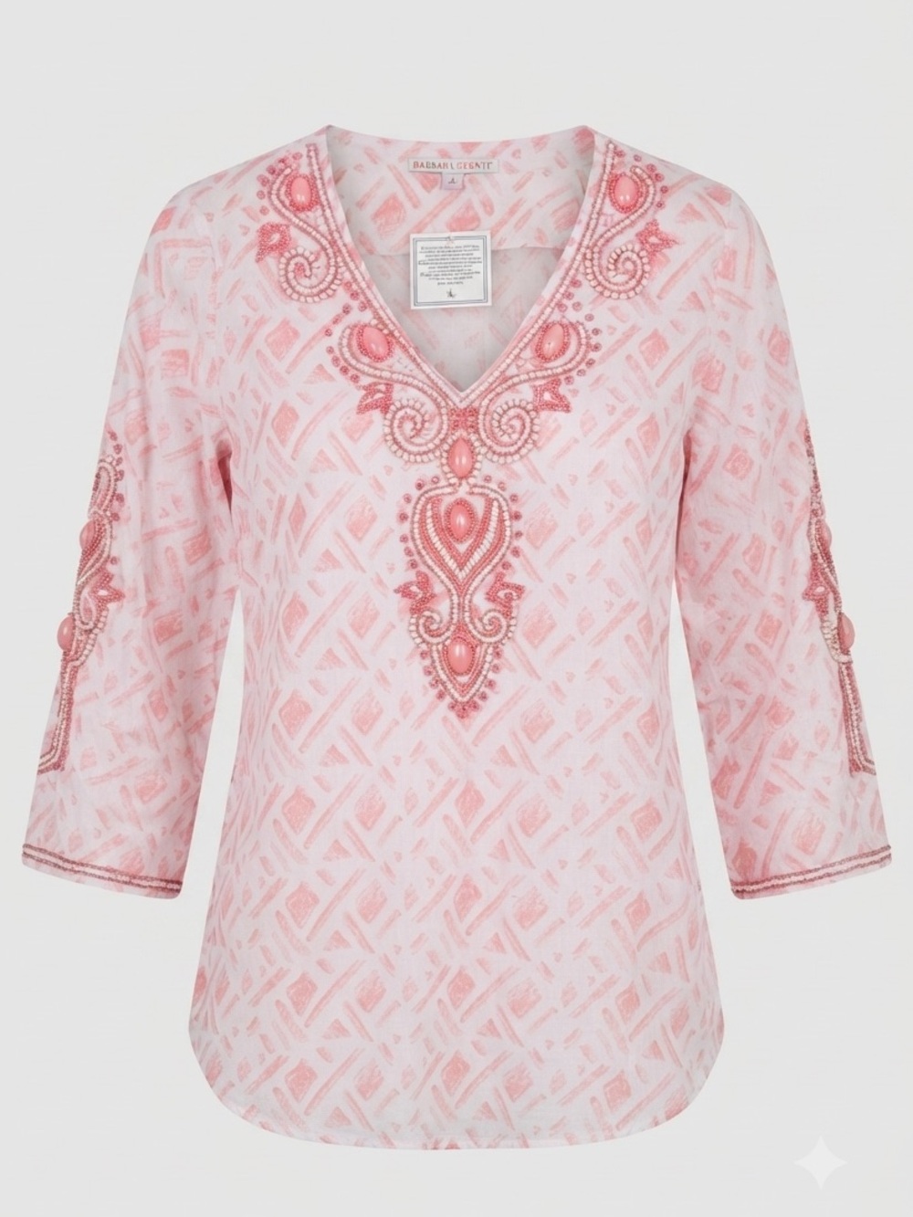 Barbara Gerwit Pink Geometric Beaded Tunic Top Boho Beach Chic Resortwear Large